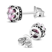 Vintage Royal Crown Celtic Rose Pink CZ Sterling Silver Stud Earrings - e455